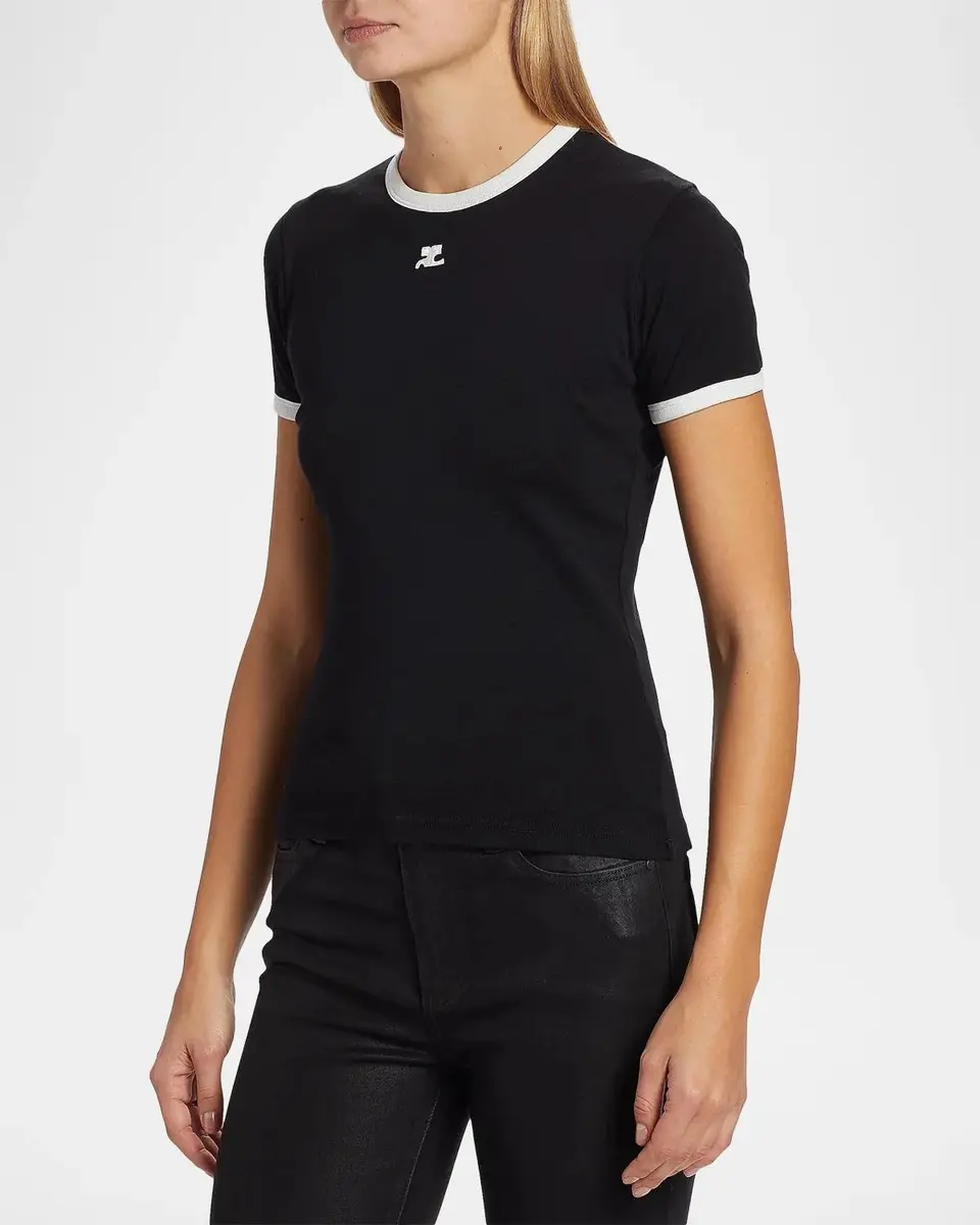 Courrèges Logo-Embroidered Cotton T-Shirt with Tipping | Thumbnail 7 Courrèges Logo-Embroidered Cotton T-Shirt with Tipping | Thumbnail 7