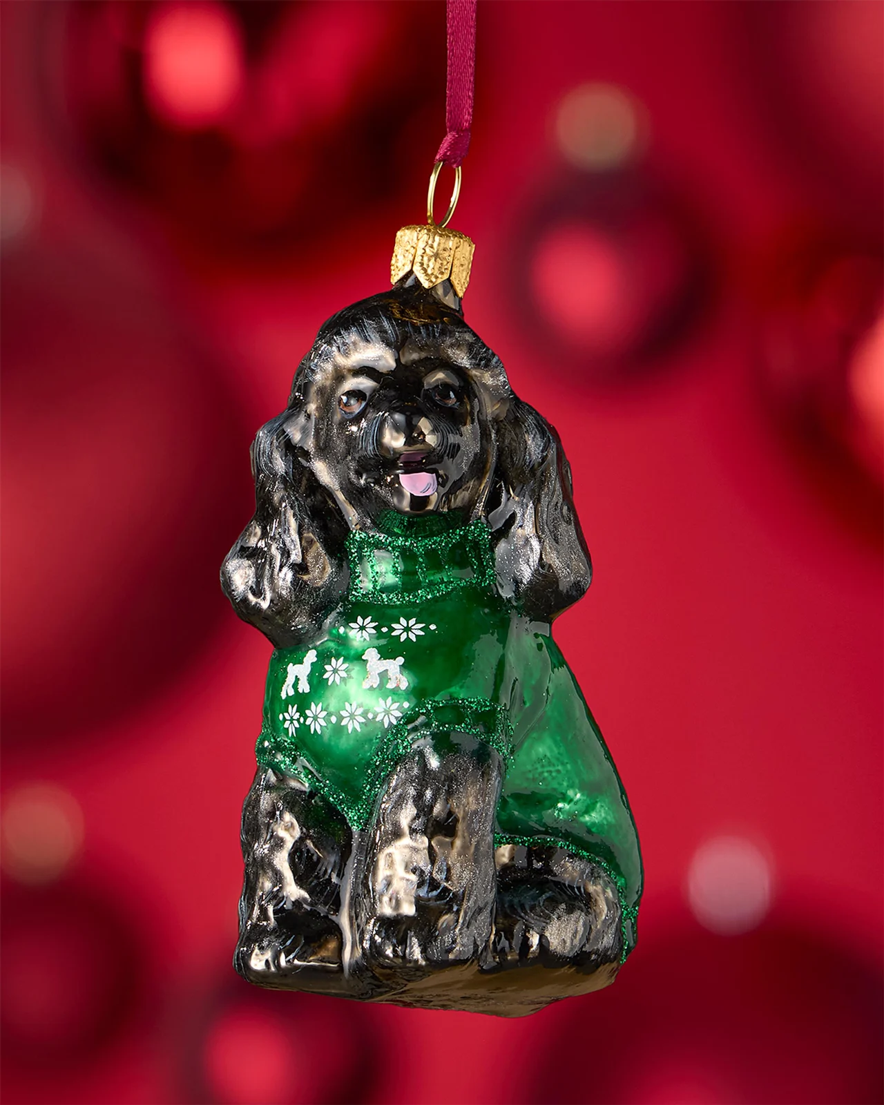 Joy To The World Collectibles Black Poodle in Green Nordic Sweater Christmas Ornament