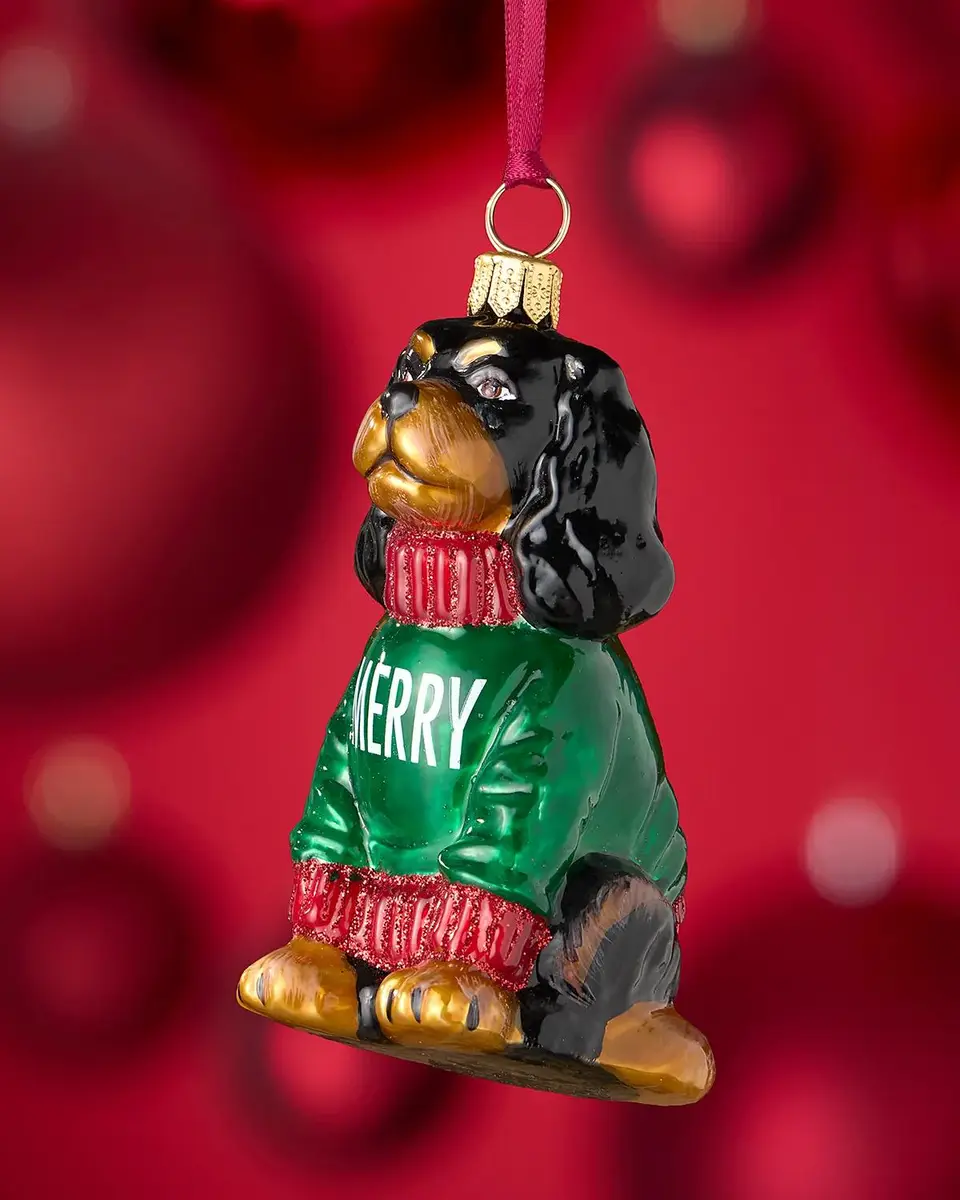 Joy To The World Collectibles Black & Tan Cavalier King Charles Spaniel in "Merry" Sweater Christmas Ornament | Thumbnail 2 Joy To The World Collectibles Black & Tan Cavalier King Charles Spaniel in "Merry" Sweater Christmas Ornament | Thumbnail 2