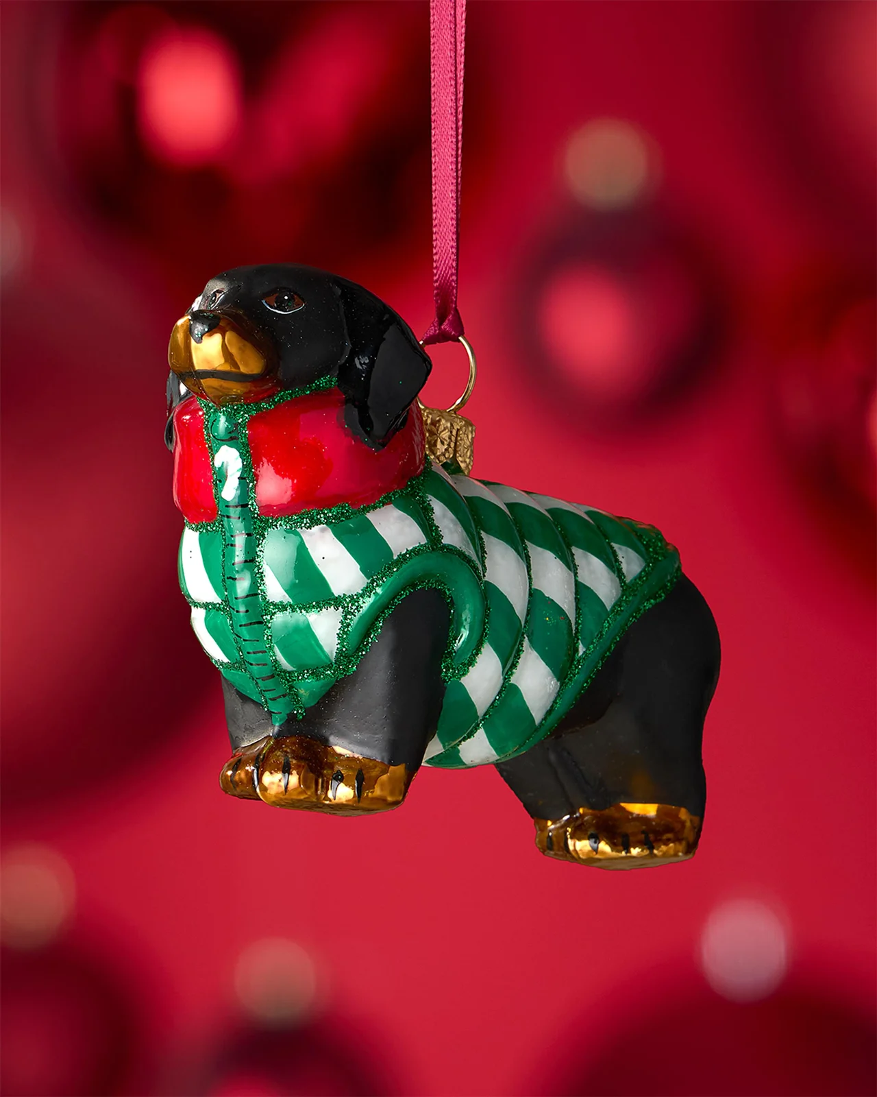 Joy To The World Collectibles Black Dachshund in Green Candy Cane Puffer Vest Christmas Ornament