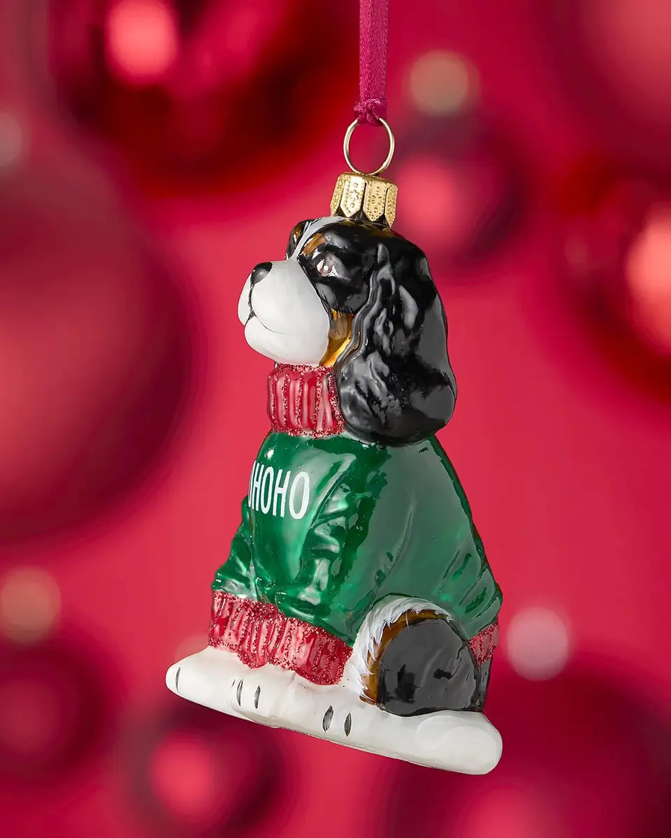 Joy To The World Collectibles Tri-Color Cavalier King Charles Spaniel in "Ho Ho Ho" Sweater Christmas Ornament | Thumbnail 2 Joy To The World Collectibles Tri-Color Cavalier King Charles Spaniel in "Ho Ho Ho" Sweater Christmas Ornament | Thumbnail 2