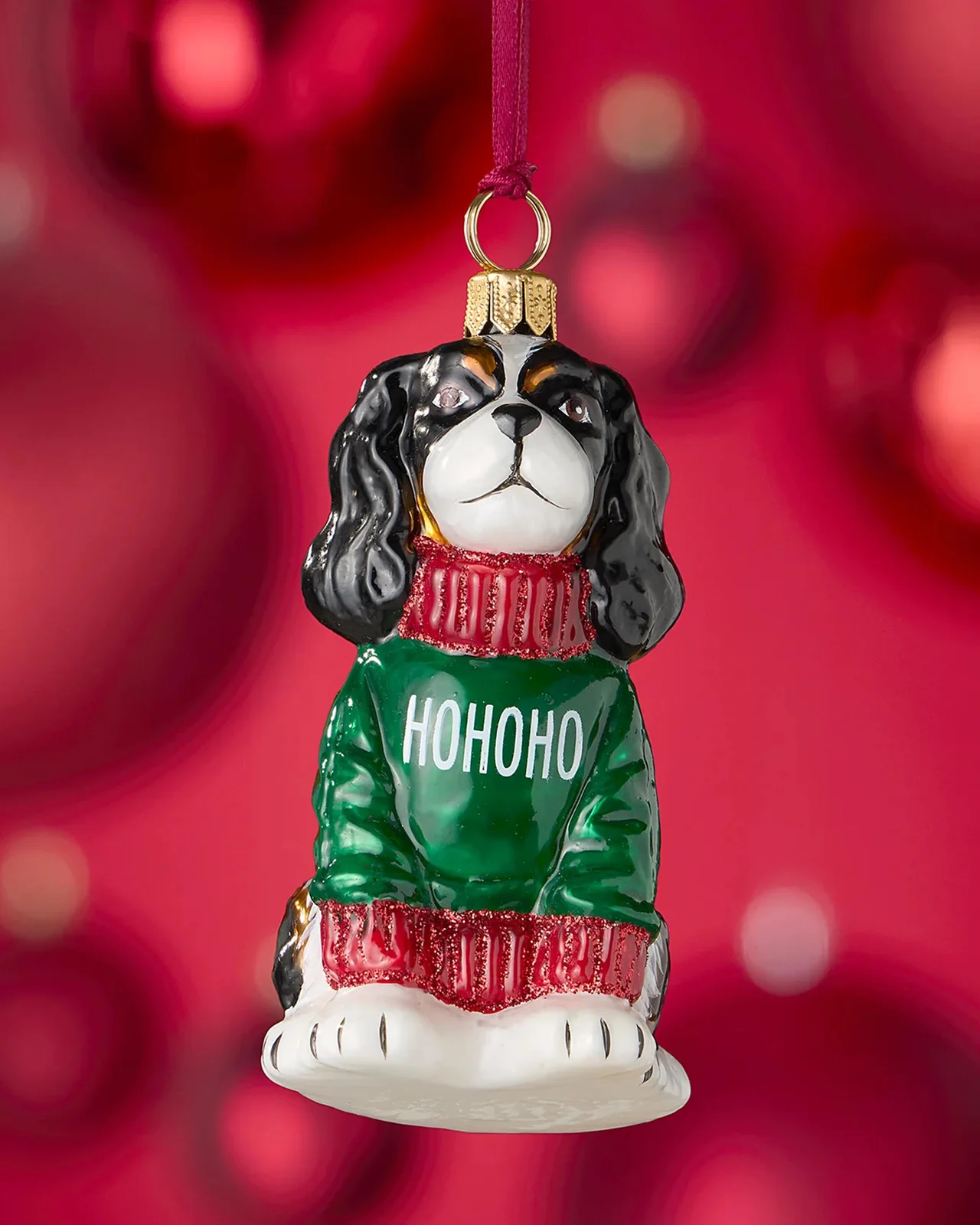 Joy To The World Collectibles Tri-Color Cavalier King Charles Spaniel in "Ho Ho Ho" Sweater Christmas Ornament