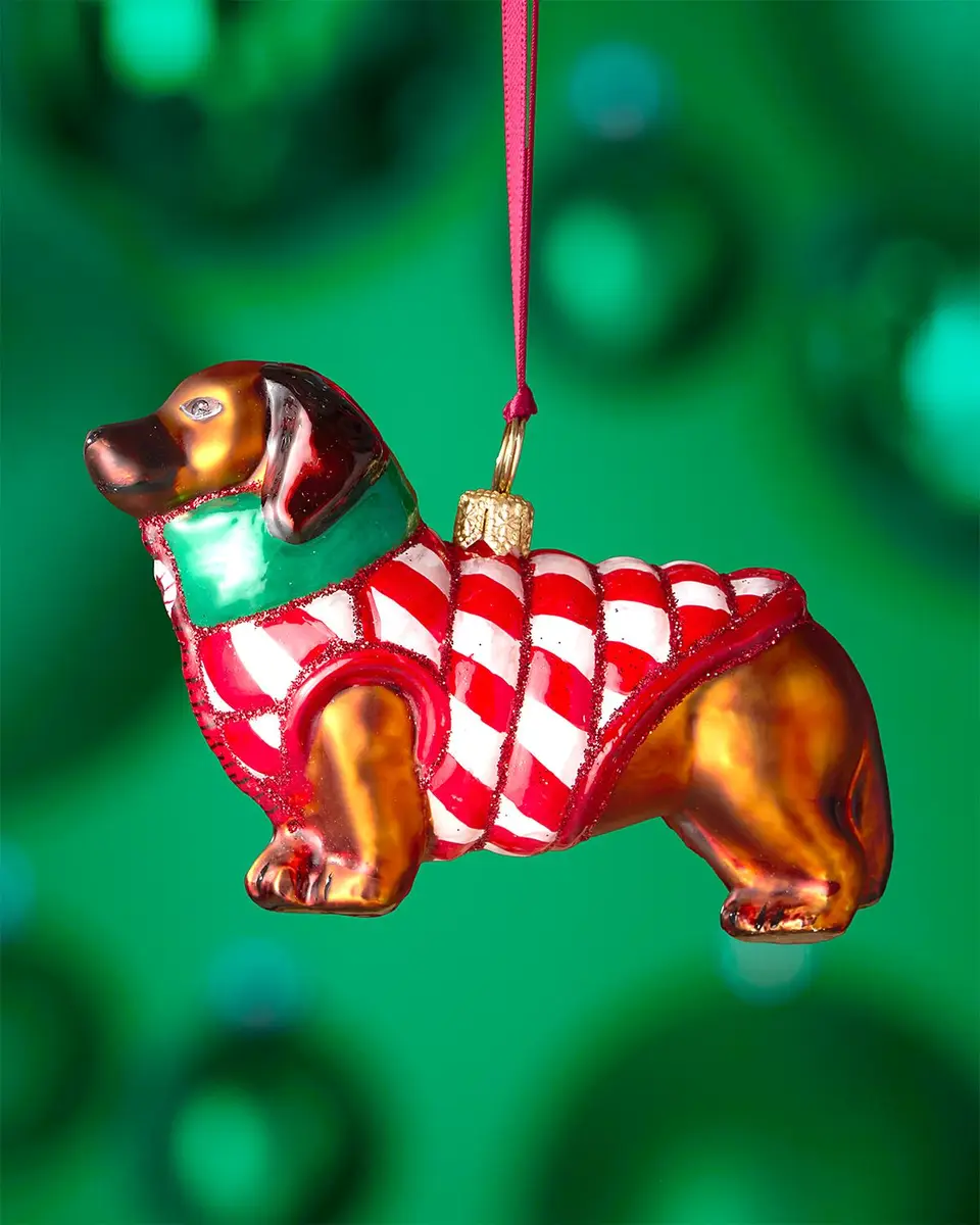 Joy To The World Collectibles Brown Dachshund in Red Candy Cane Puffer Vest Christmas Ornament | Thumbnail 2 Joy To The World Collectibles Brown Dachshund in Red Candy Cane Puffer Vest Christmas Ornament | Thumbnail 2