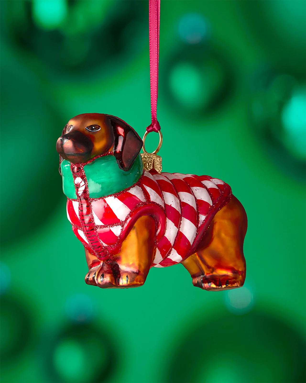 Joy To The World Collectibles Brown Dachshund in Red Candy Cane Puffer Vest Christmas Ornament