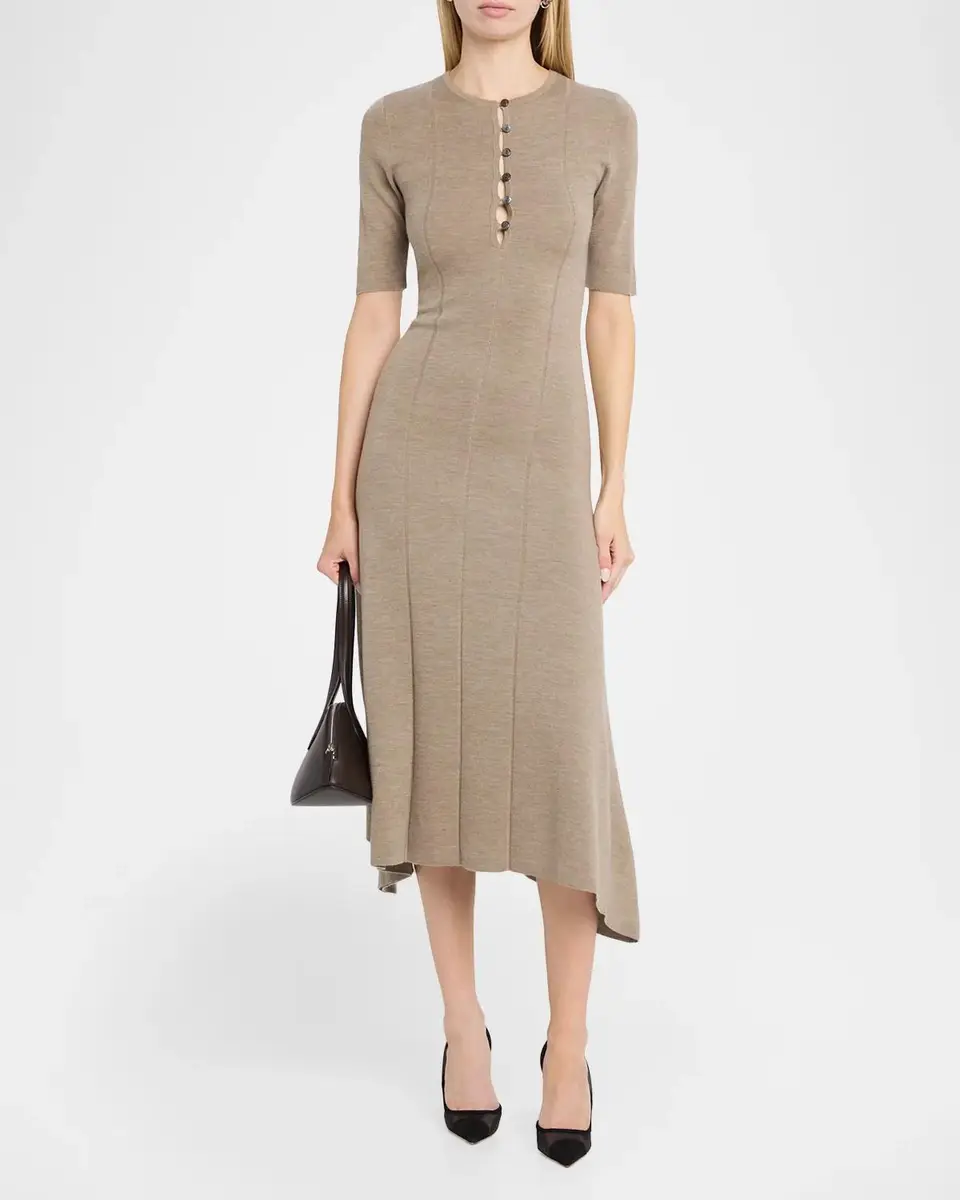 Maria McManus Buttoned Elbow-Sleeve Wool Midi Dress | Thumbnail 2 Maria McManus Buttoned Elbow-Sleeve Wool Midi Dress | Thumbnail 2
