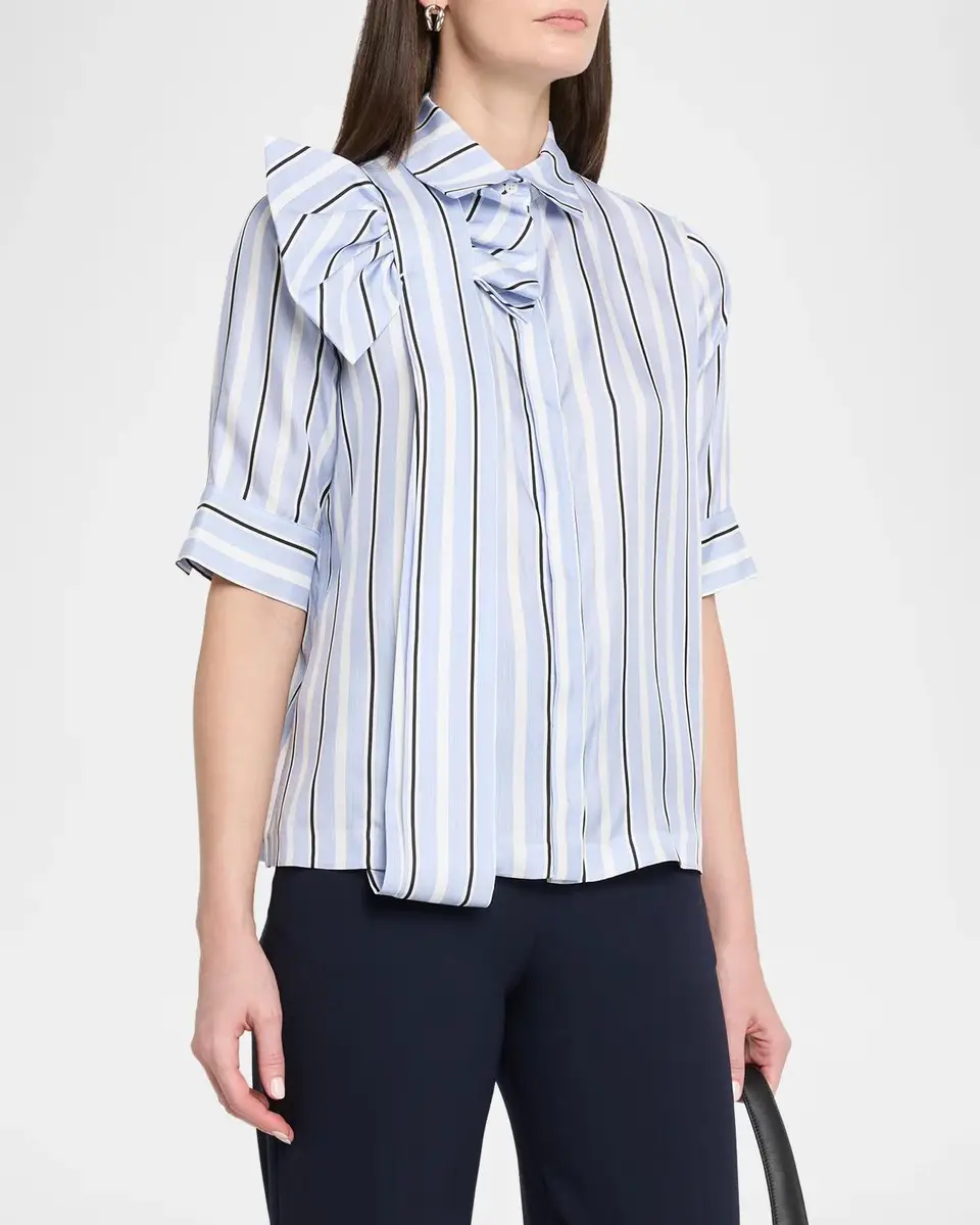 Dice Kayek Short-Sleeve Striped Silk Bow Button-Down Shirt | Thumbnail 4 Dice Kayek Short-Sleeve Striped Silk Bow Button-Down Shirt | Thumbnail 4