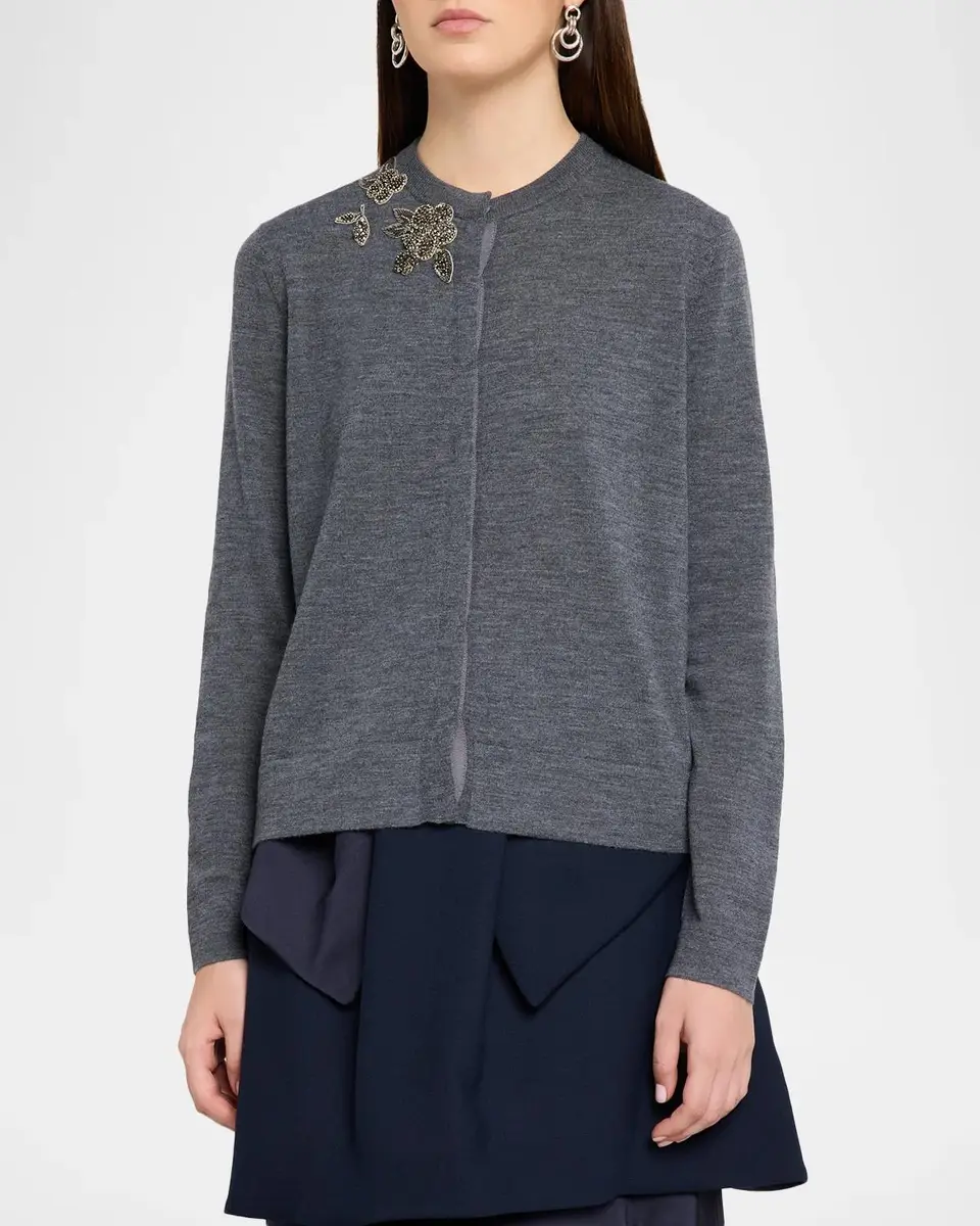 Dice Kayek Floral Embellished Wool Crewneck Cardigan | Thumbnail 4 Dice Kayek Floral Embellished Wool Crewneck Cardigan | Thumbnail 4