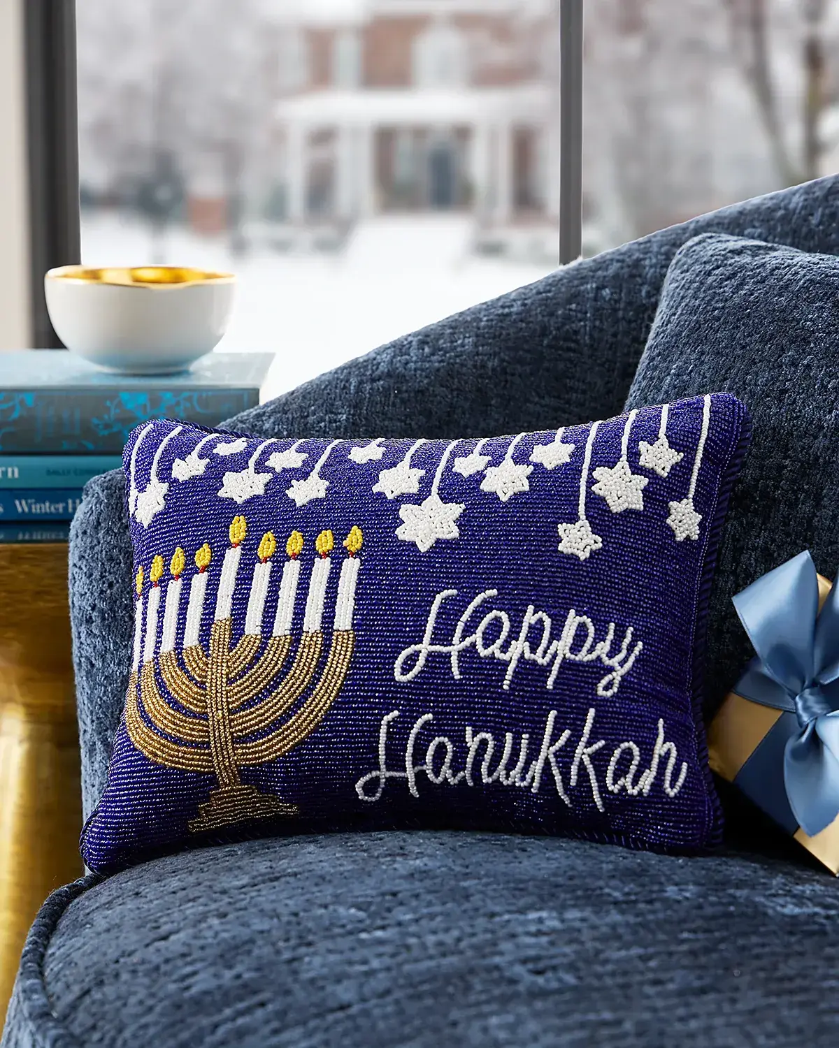 Sudha Pennathur Happy Hanukkah Beaded Velvet Pillow