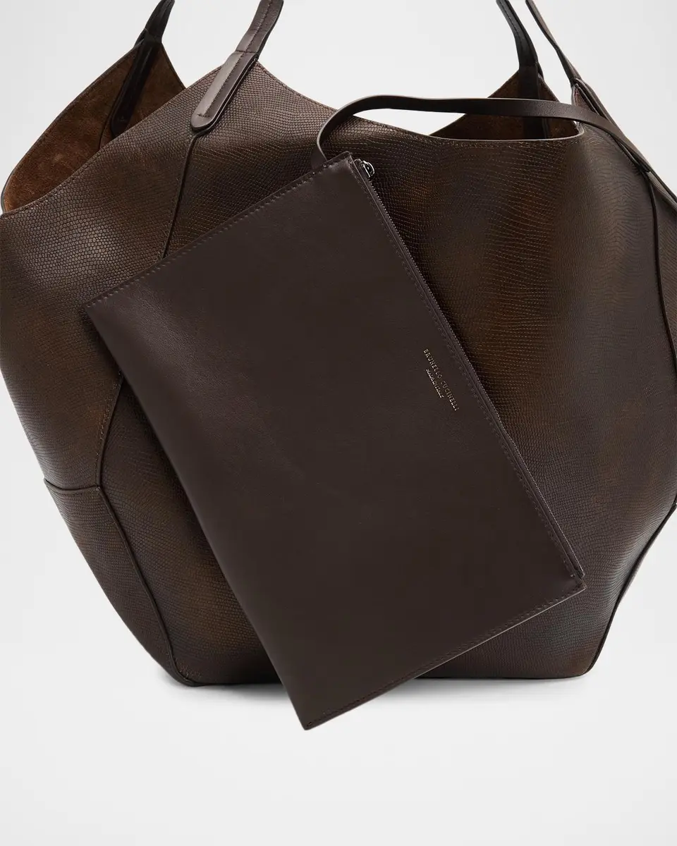 Brunello Cucinelli Lizard-Print Leather Tote Bag | Thumbnail 6