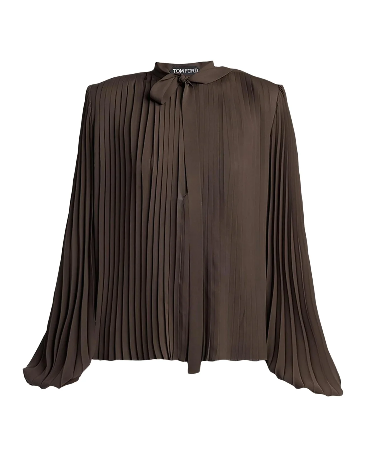 Pleated Balloon-Sleeve Neck-Scarf Blouse