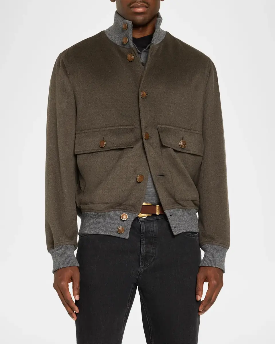 Brunello Cucinelli Men's Wool Button-Front Blouson | Thumbnail 4 Brunello Cucinelli Men's Wool Button-Front Blouson | Thumbnail 4