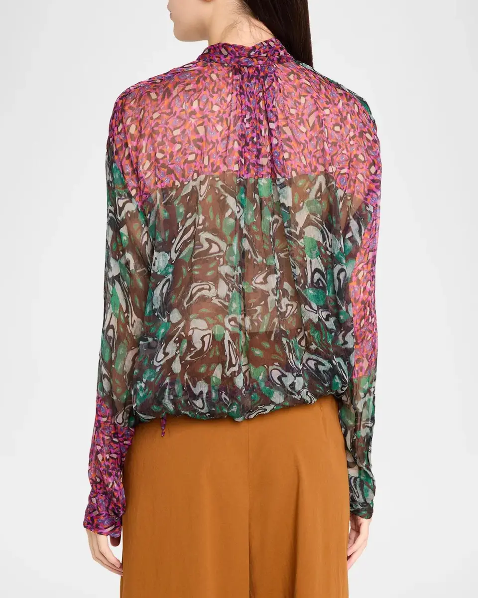Dries Van Noten Patchwork-Print Silk Plisse Neck-Scarf Bubble Blouse | Thumbnail 3 Dries Van Noten Patchwork-Print Silk Plisse Neck-Scarf Bubble Blouse | Thumbnail 3