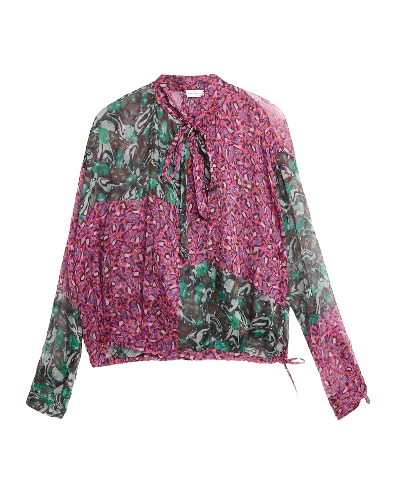 Patchwork-Print Silk Plisse Neck-Scarf Bubble Blouse Patchwork-Print Silk Plisse Neck-Scarf Bubble Blouse