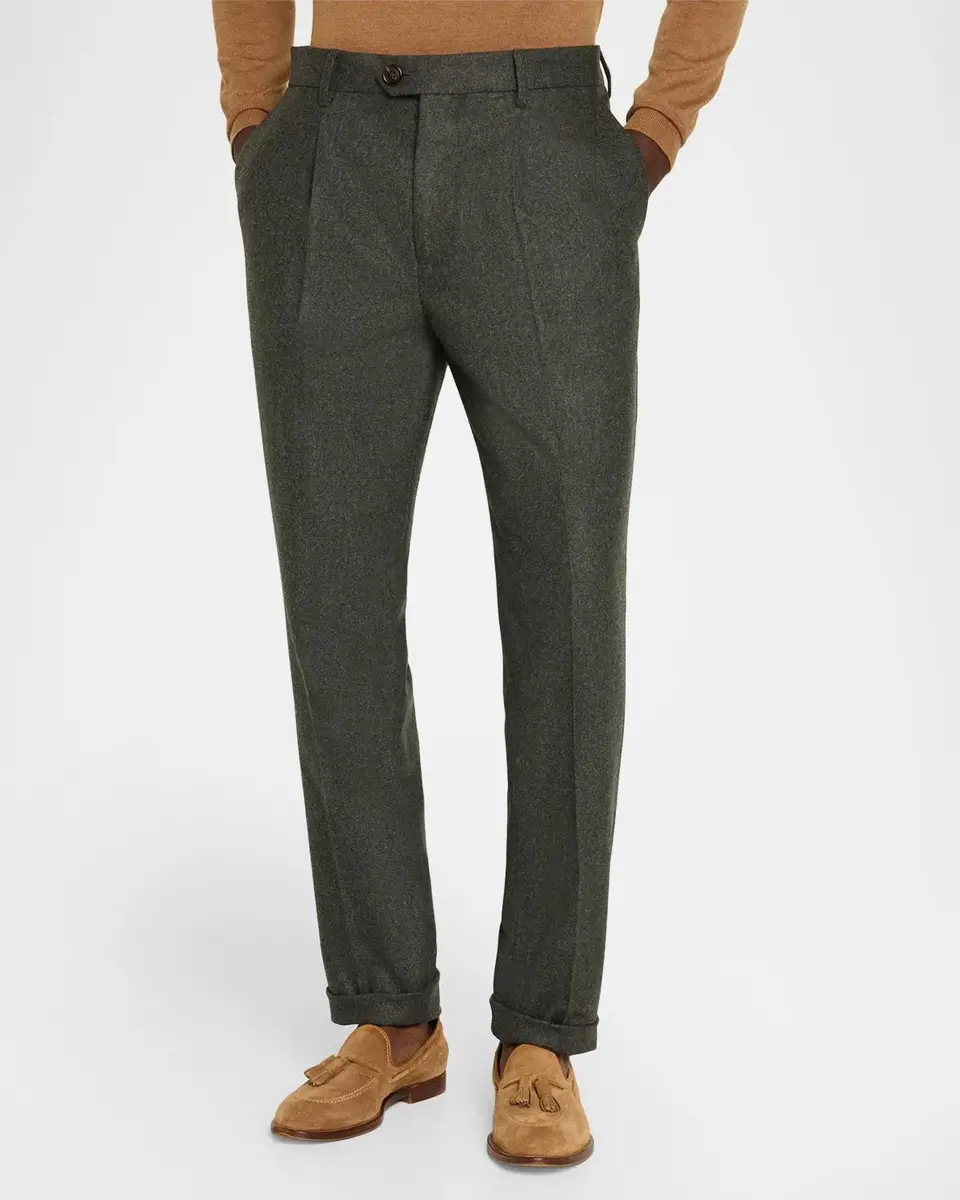 Brunello Cucinelli Men's Carded Flannel Pleated Trousers | Thumbnail 4 Brunello Cucinelli Men's Carded Flannel Pleated Trousers | Thumbnail 4