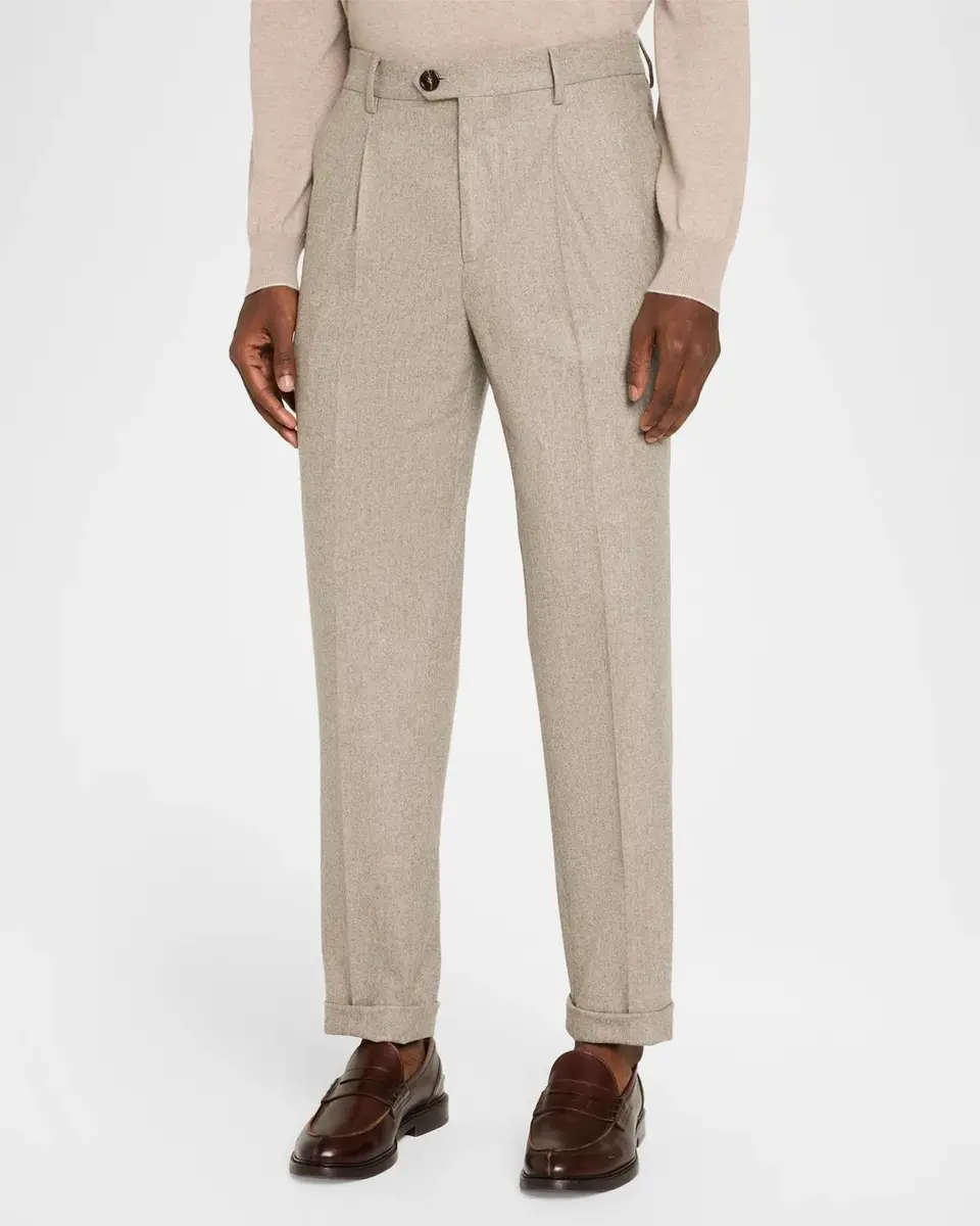 Brunello Cucinelli Men's Carded Flannel Pleated Trousers | Thumbnail 4 Brunello Cucinelli Men's Carded Flannel Pleated Trousers | Thumbnail 4