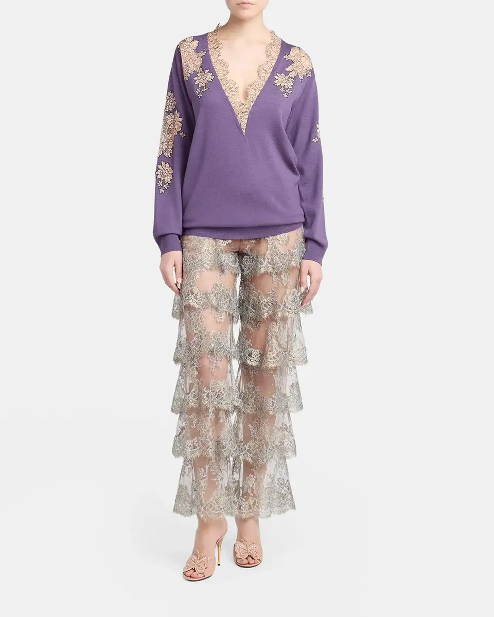 Valentino Garavani Lace-Inset Plunging Wool Sweater | Thumbnail 2