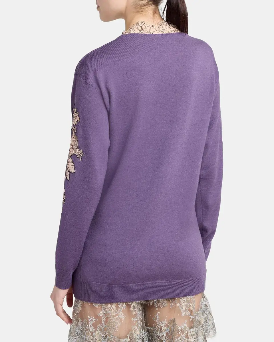 Valentino Garavani Lace-Inset Plunging Wool Sweater | Thumbnail 3