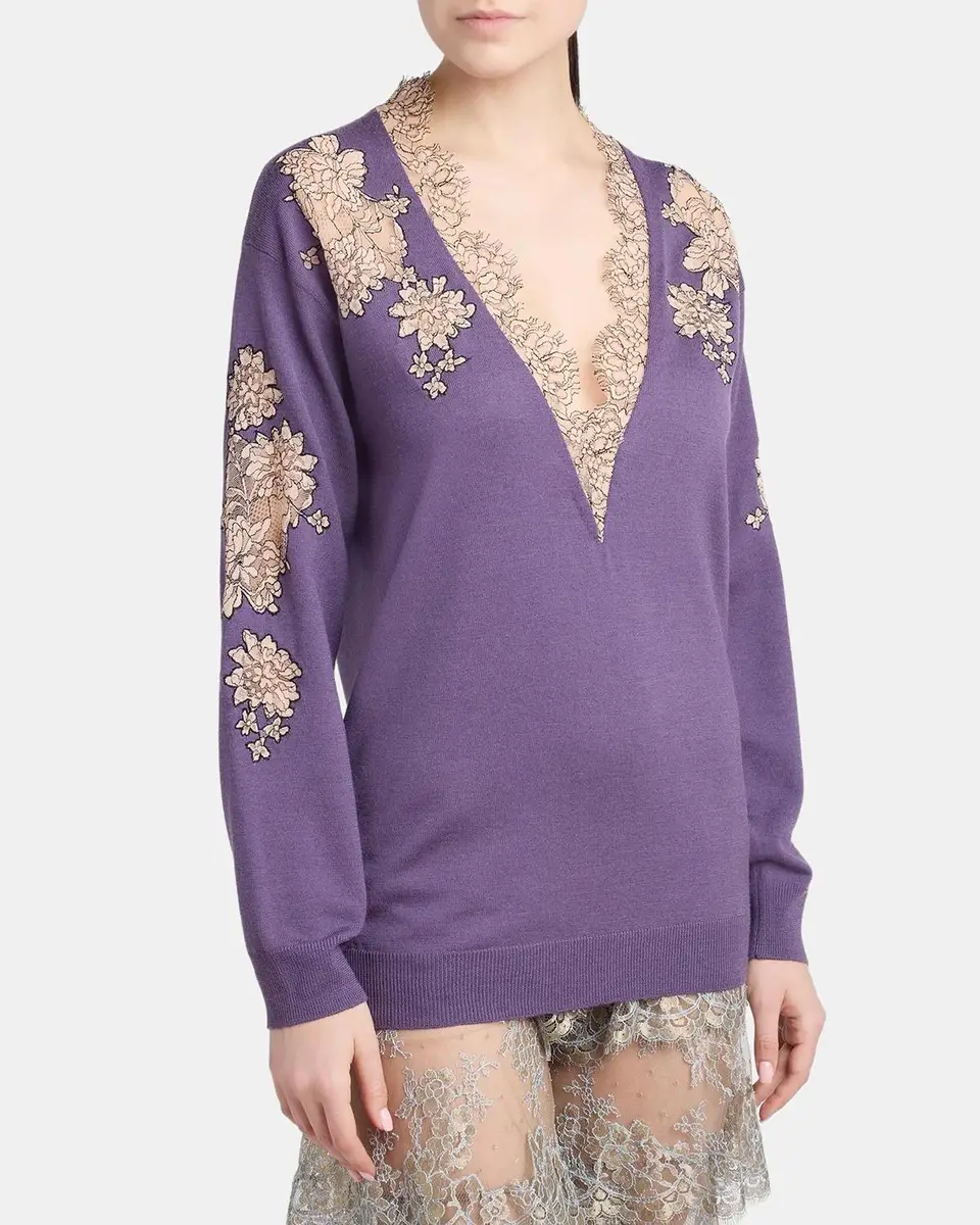 Valentino Garavani Lace-Inset Plunging Wool Sweater | Thumbnail 4