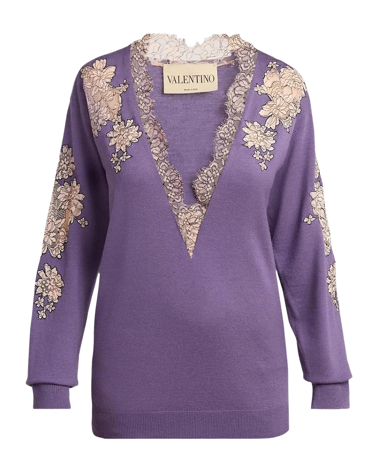 Lace-Inset Plunging Wool Sweater