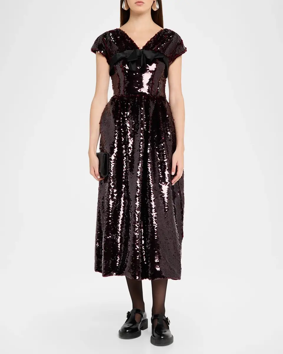 Simone Rocha Gathered Sleeve Bow Sequined Fit-And-Flare Midi Dress | Thumbnail 2 Simone Rocha Gathered Sleeve Bow Sequined Fit-And-Flare Midi Dress | Thumbnail 2