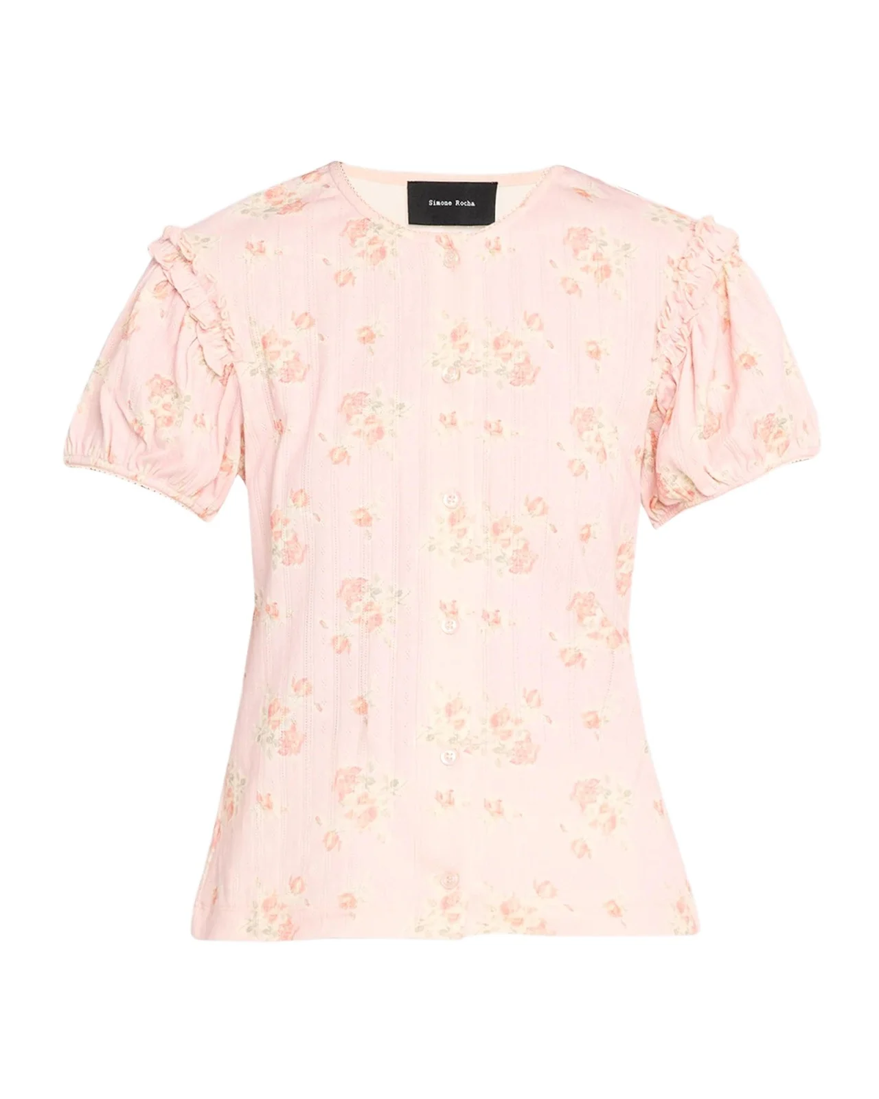 Puff-Sleeve Floral Cotton Pointelle Button-Front Top Puff-Sleeve Floral Cotton Pointelle Button-Front Top