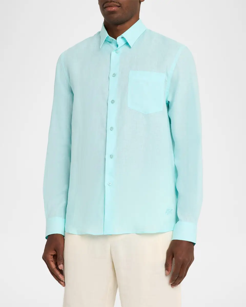 Vilebrequin Men's Solid Linen Button-Front Shirt | Thumbnail 4