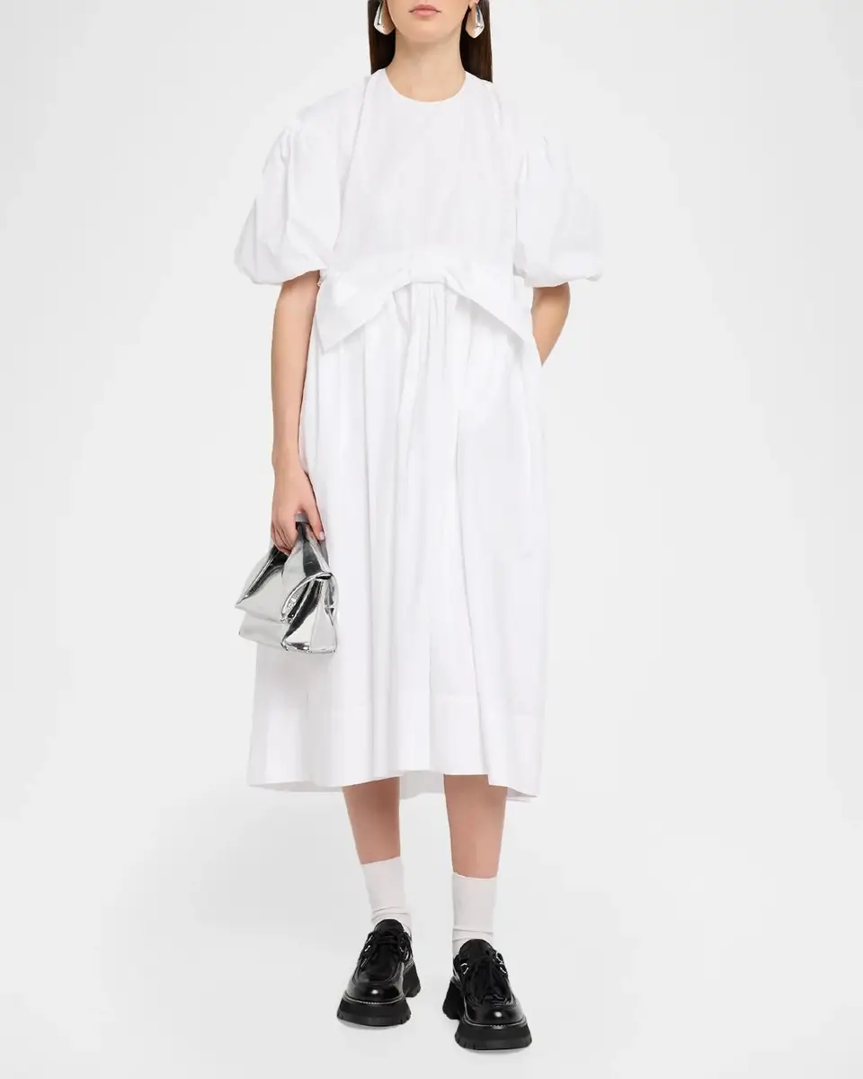Simone Rocha Puff-Sleeve Gathered Bow Cotton Midi Dress | Thumbnail 2 Simone Rocha Puff-Sleeve Gathered Bow Cotton Midi Dress | Thumbnail 2