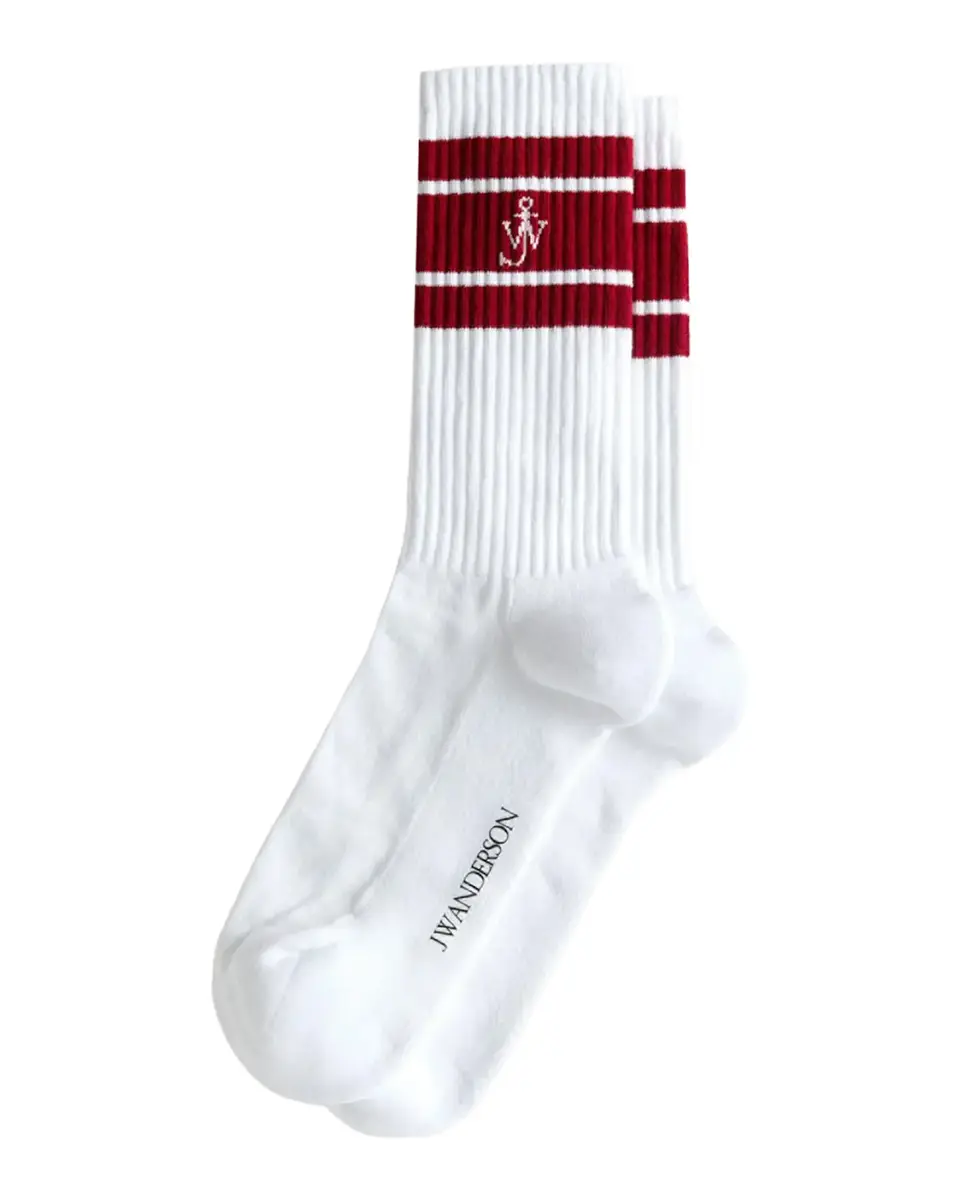 JW Anderson Men's Ribbed Stripe Monogram Mid-Calf Sport Socks | Thumbnail 2 JW Anderson Men's Ribbed Stripe Monogram Mid-Calf Sport Socks | Thumbnail 2