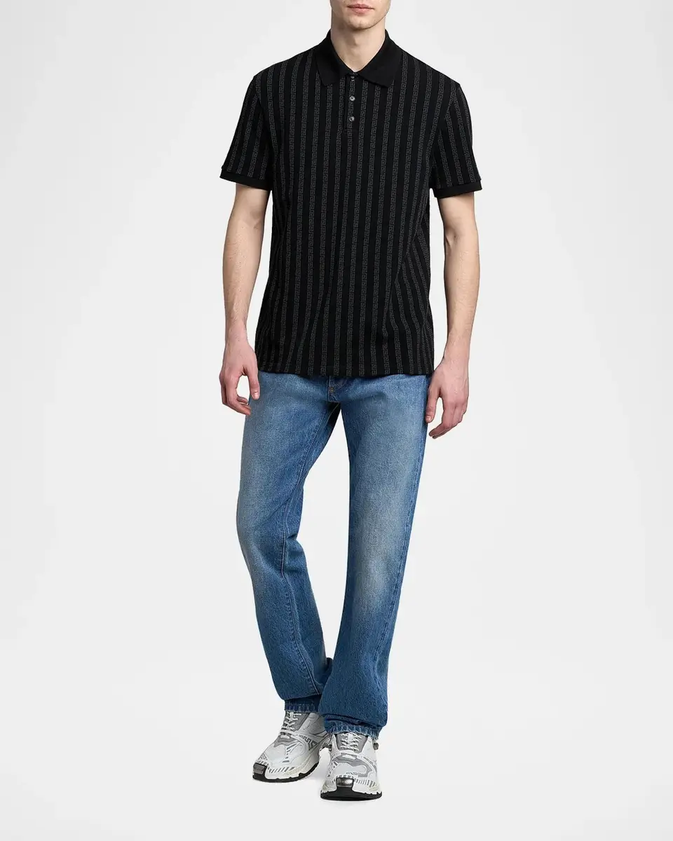 Versace Men's Cotton Greca-Stripe Polo Shirt | Thumbnail 2 Versace Men's Cotton Greca-Stripe Polo Shirt | Thumbnail 2