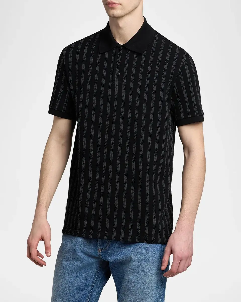 Versace Men's Cotton Greca-Stripe Polo Shirt | Thumbnail 4 Versace Men's Cotton Greca-Stripe Polo Shirt | Thumbnail 4