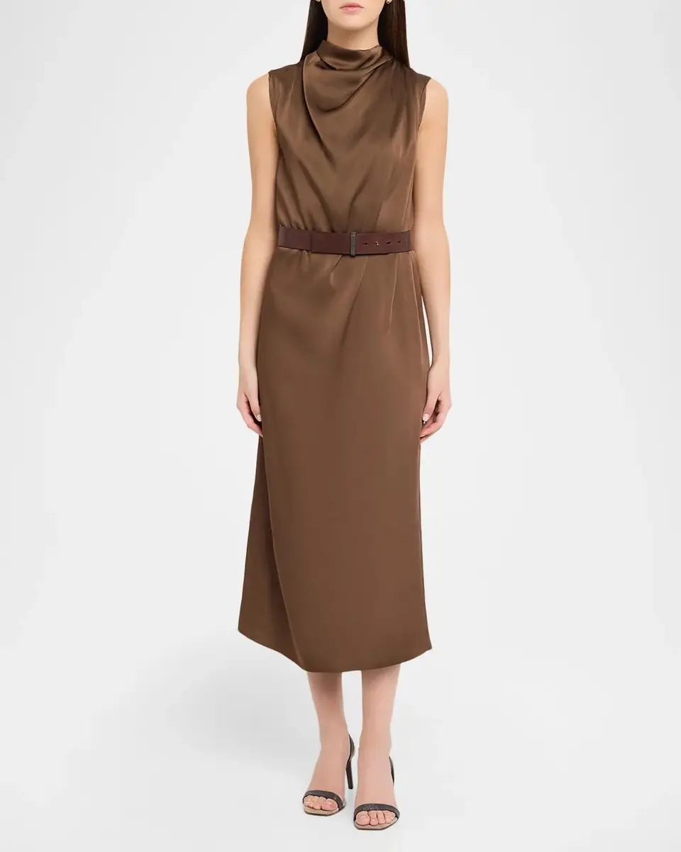 Brunello Cucinelli Cowl-Neck Fluid Satin Cady Sleeveless Belted Midi Dress | Thumbnail 2 Brunello Cucinelli Cowl-Neck Fluid Satin Cady Sleeveless Belted Midi Dress | Thumbnail 2