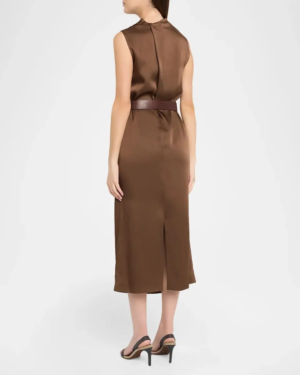 Brunello Cucinelli Cowl-Neck Fluid Satin Cady Sleeveless Belted Midi Dress | Thumbnail 3 Brunello Cucinelli Cowl-Neck Fluid Satin Cady Sleeveless Belted Midi Dress | Thumbnail 3