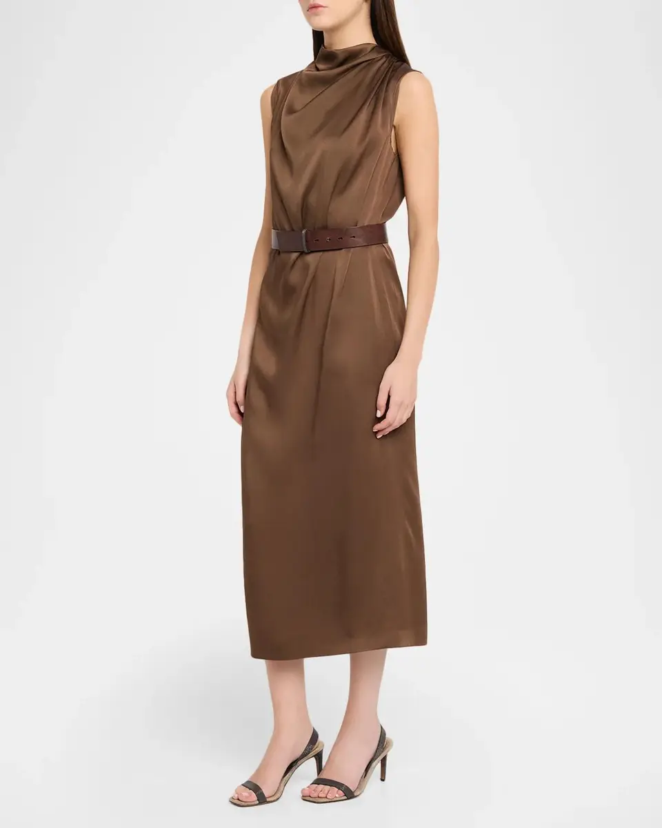 Brunello Cucinelli Cowl-Neck Fluid Satin Cady Sleeveless Belted Midi Dress | Thumbnail 4 Brunello Cucinelli Cowl-Neck Fluid Satin Cady Sleeveless Belted Midi Dress | Thumbnail 4