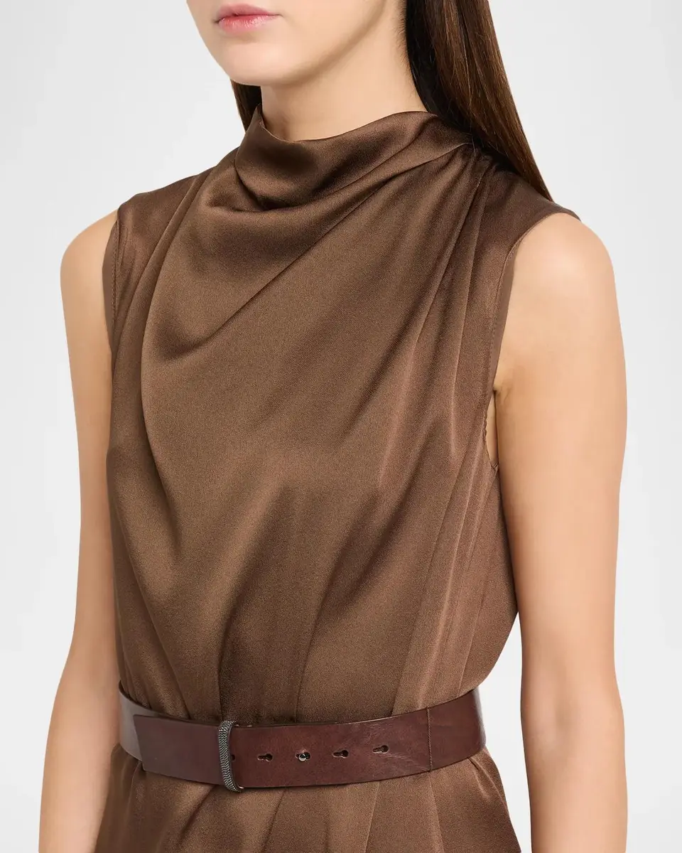 Brunello Cucinelli Cowl-Neck Fluid Satin Cady Sleeveless Belted Midi Dress | Thumbnail 5 Brunello Cucinelli Cowl-Neck Fluid Satin Cady Sleeveless Belted Midi Dress | Thumbnail 5