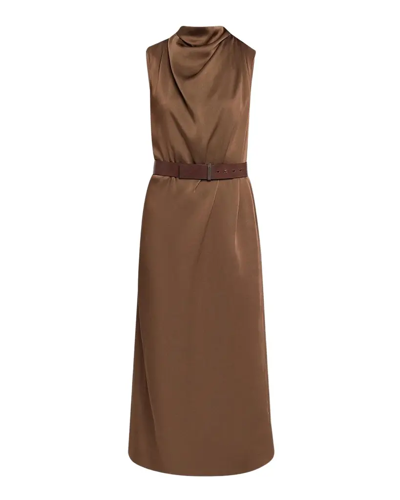 Brunello Cucinelli Cowl-Neck Fluid Satin Cady Sleeveless Belted Midi Dress