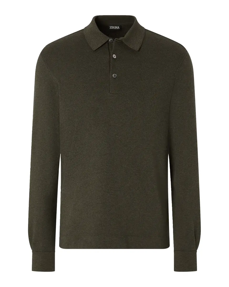 Zegna Men's Cotton Long-Sleeve Polo Shirt | Thumbnail 2 Zegna Men's Cotton Long-Sleeve Polo Shirt | Thumbnail 2