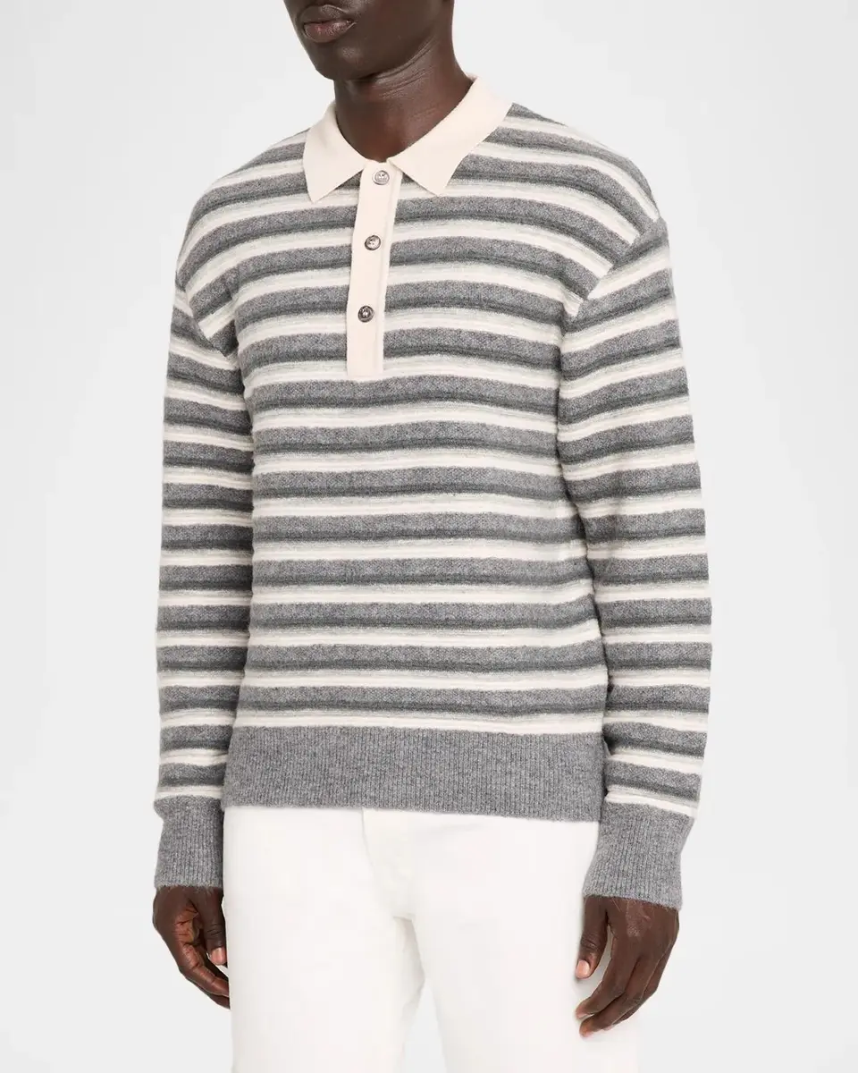 OFFICINE GÉNÉRALE Men's Wool Stripe Polo Sweater | Thumbnail 4 OFFICINE GÉNÉRALE Men's Wool Stripe Polo Sweater | Thumbnail 4