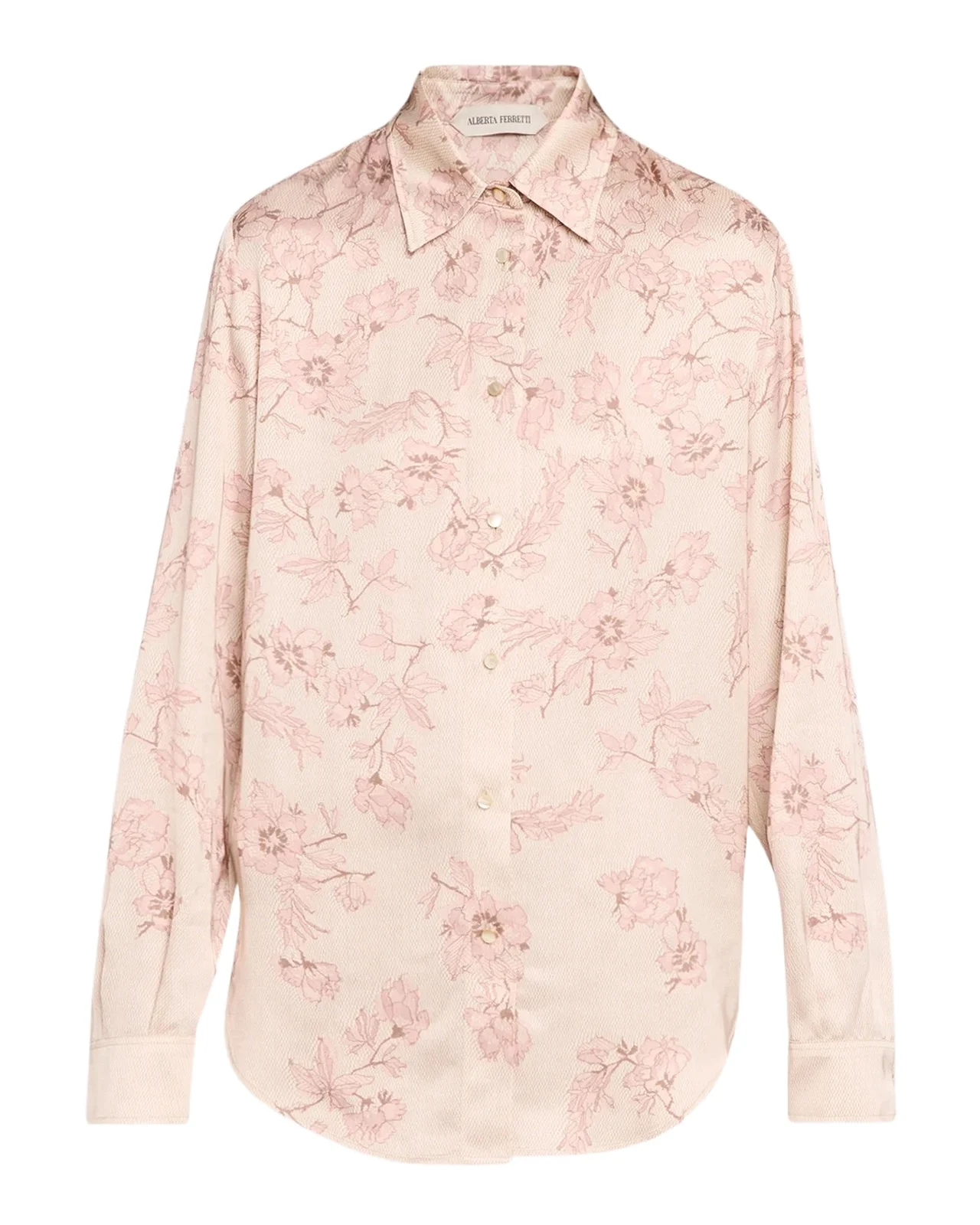 Alberta Ferretti Floral Lace-Print Satin Button-Down Blouse