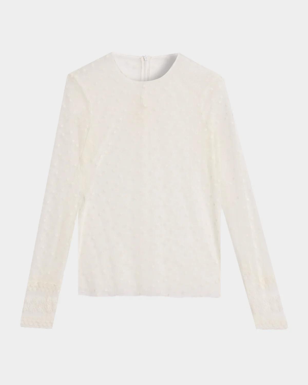 Lace-Trim Dotted Tulle Long-Sleeve Blouse Lace-Trim Dotted Tulle Long-Sleeve Blouse