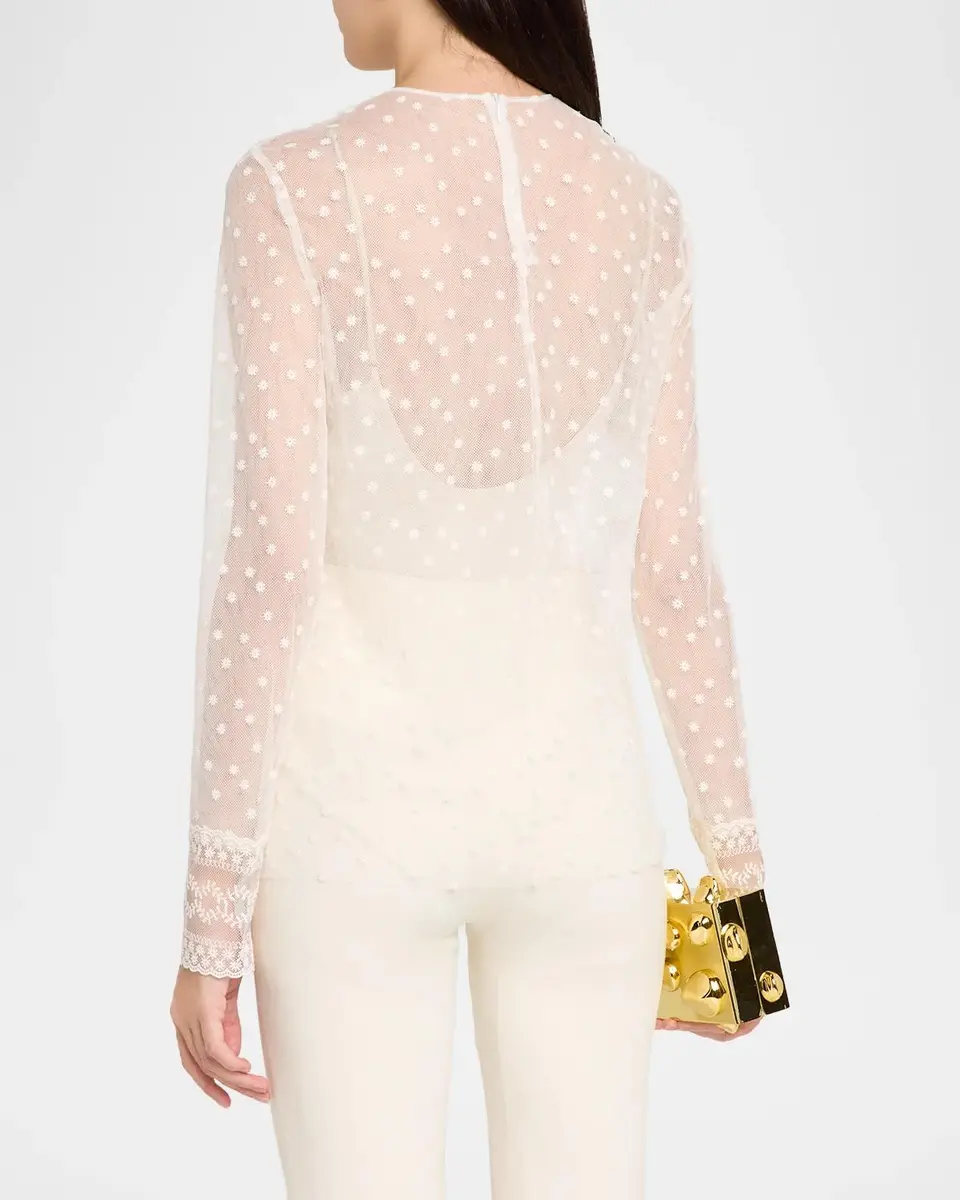 Alberta Ferretti Lace-Trim Dotted Tulle Long-Sleeve Blouse | Thumbnail 3 Alberta Ferretti Lace-Trim Dotted Tulle Long-Sleeve Blouse | Thumbnail 3