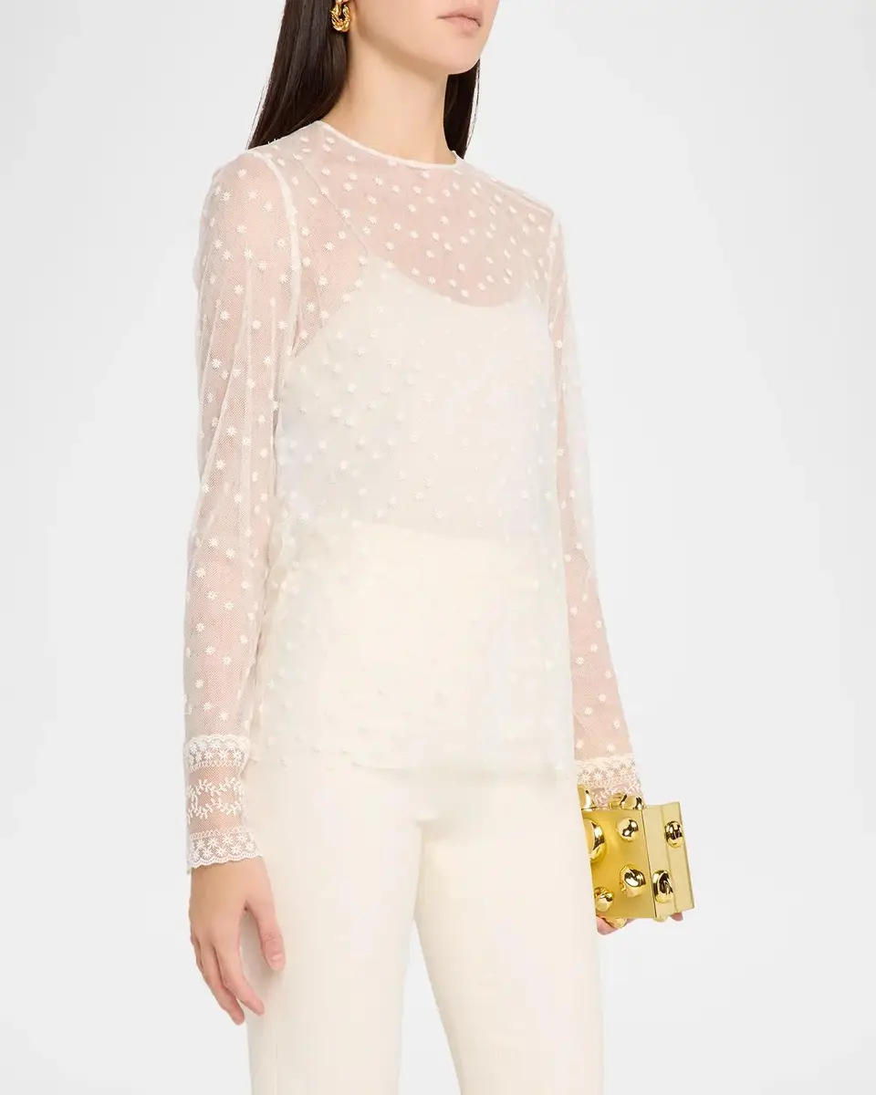 Alberta Ferretti Lace-Trim Dotted Tulle Long-Sleeve Blouse | Thumbnail 4 Alberta Ferretti Lace-Trim Dotted Tulle Long-Sleeve Blouse | Thumbnail 4