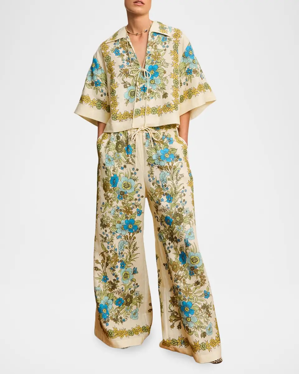 ALÉMAIS Sophia Floral Linen Wide-Leg Pull-On Pants | Thumbnail 2