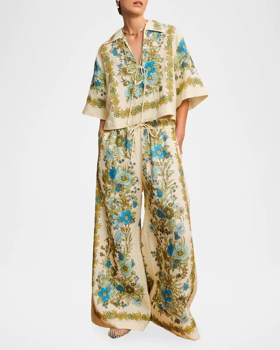 ALÉMAIS Sophia Floral Linen Wide-Leg Pull-On Pants | Thumbnail 4