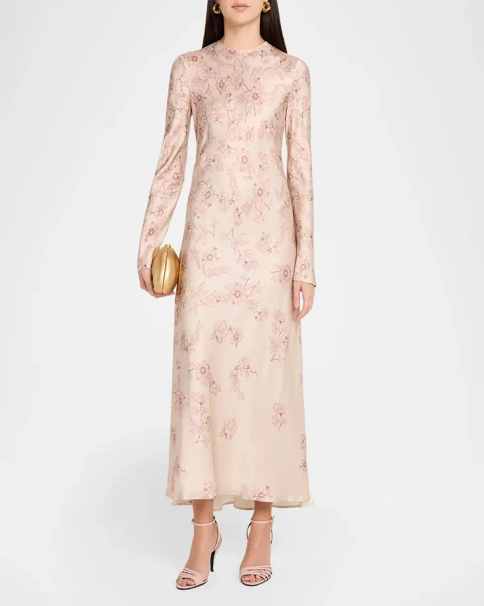 Alberta Ferretti Degrade Floral-Print Satin Long-Sleeve Ankle Dress | Thumbnail 2 Alberta Ferretti Degrade Floral-Print Satin Long-Sleeve Ankle Dress | Thumbnail 2