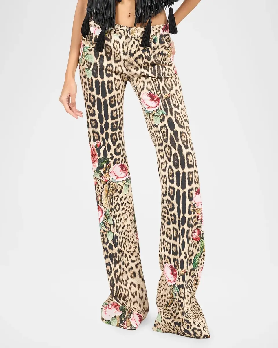 Roberto Cavalli Floral Leopard-Print Flared Denim Trousers | Thumbnail 2 Roberto Cavalli Floral Leopard-Print Flared Denim Trousers | Thumbnail 2