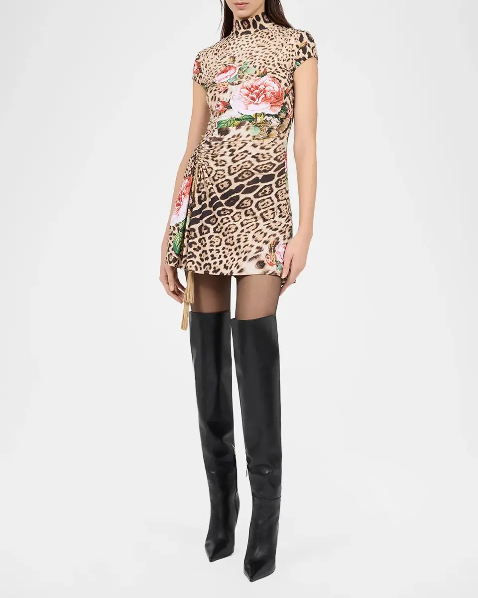 Roberto Cavalli Mock-Neck Floral Leopard-Print Jersey Ruched Mini Dress | Thumbnail 2 Roberto Cavalli Mock-Neck Floral Leopard-Print Jersey Ruched Mini Dress | Thumbnail 2