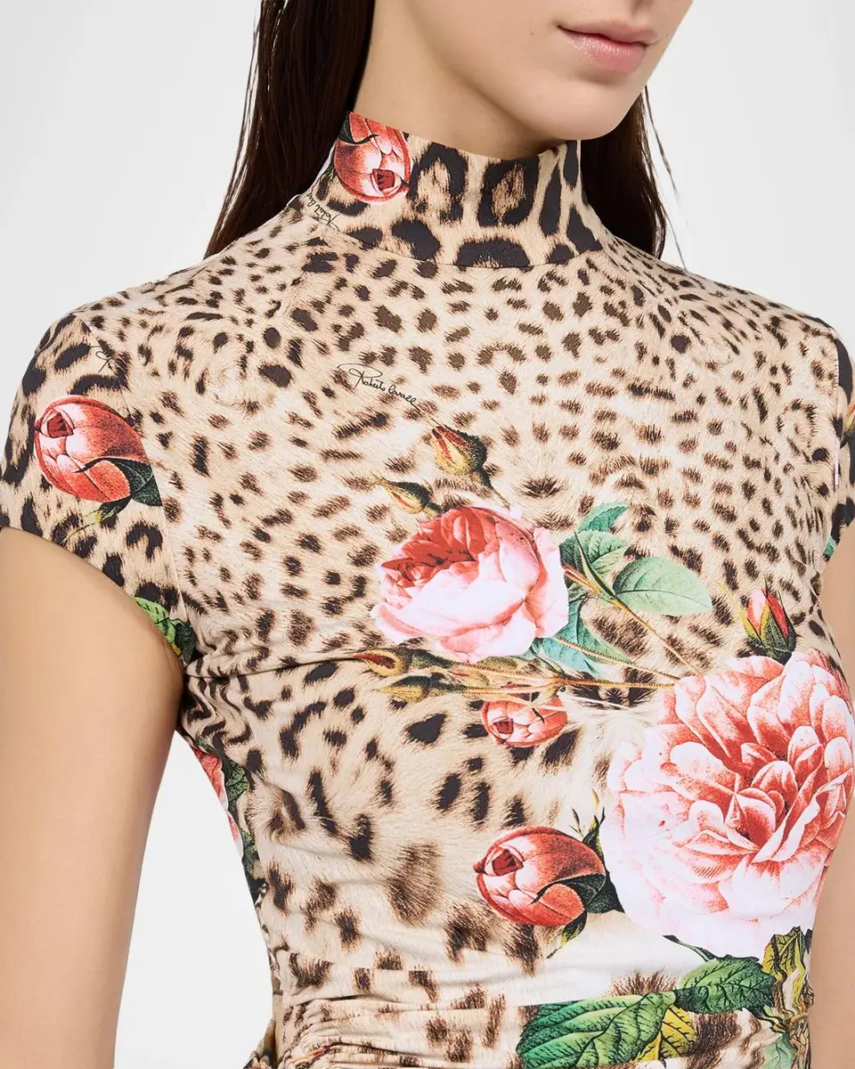 Roberto Cavalli Mock-Neck Floral Leopard-Print Jersey Ruched Mini Dress | Thumbnail 4 Roberto Cavalli Mock-Neck Floral Leopard-Print Jersey Ruched Mini Dress | Thumbnail 4