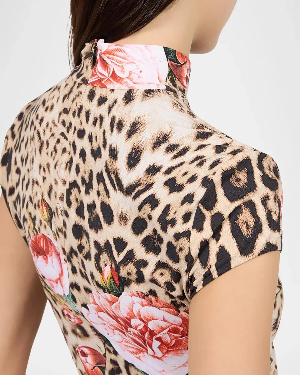 Roberto Cavalli Mock-Neck Floral Leopard-Print Jersey Ruched Mini Dress | Thumbnail 5 Roberto Cavalli Mock-Neck Floral Leopard-Print Jersey Ruched Mini Dress | Thumbnail 5