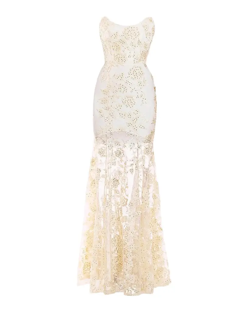 The Voice Returns Embroidered Strapless Gown The Voice Returns Embroidered Strapless Gown