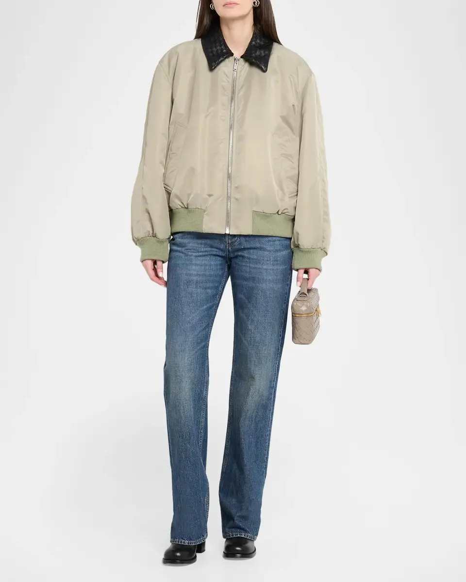 Bottega Veneta Satin Nylon Bomber Jacket With Intrecciato Leather Collar | Thumbnail 2 Bottega Veneta Satin Nylon Bomber Jacket With Intrecciato Leather Collar | Thumbnail 2